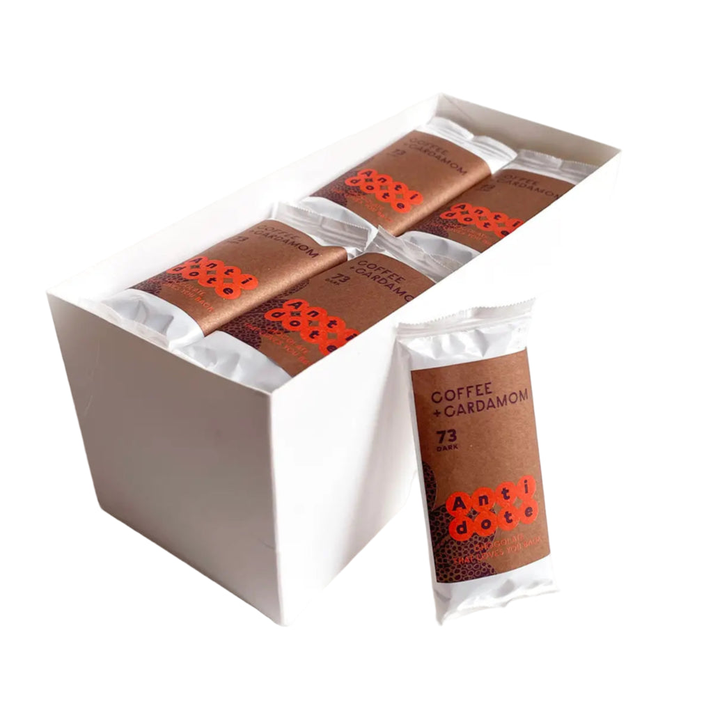 Mini Kakia: Coffee + Cardamom 73% mini bar packaging against a white background

