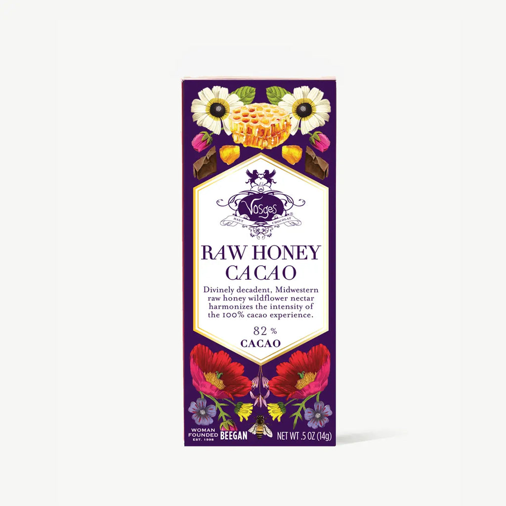 The front of a wrapped 82% Dark Chocolate with Raw Honey (Mini) bar from Vosges-Haut against a white background