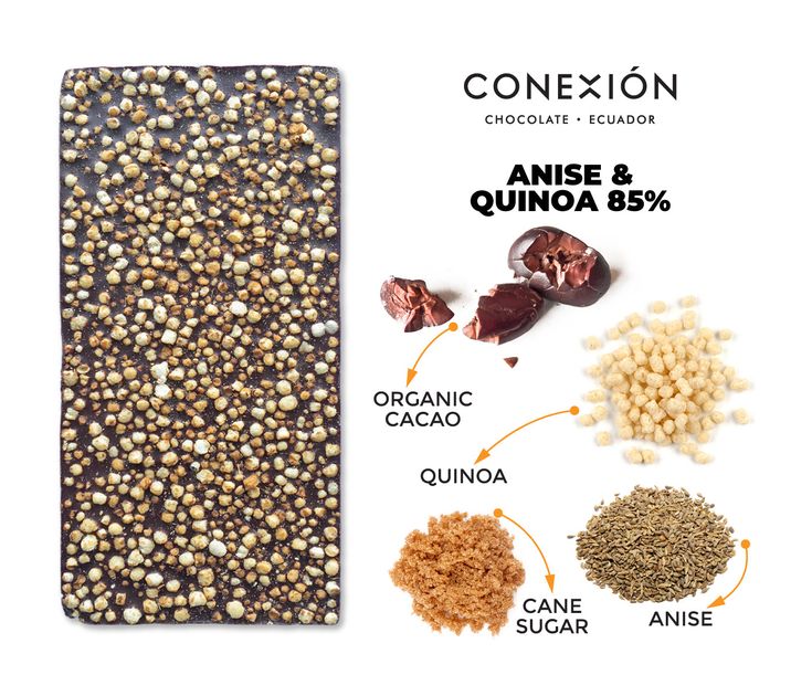 Ingredients for Anise & Quinoa 85% next to the unwrapped bar, against a white background