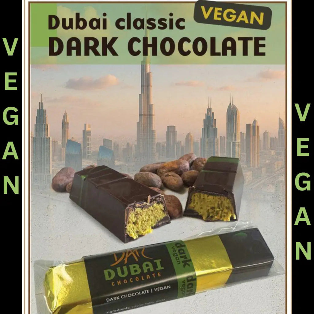 Vegan dark chocolate bars with Dubai skyline in the background