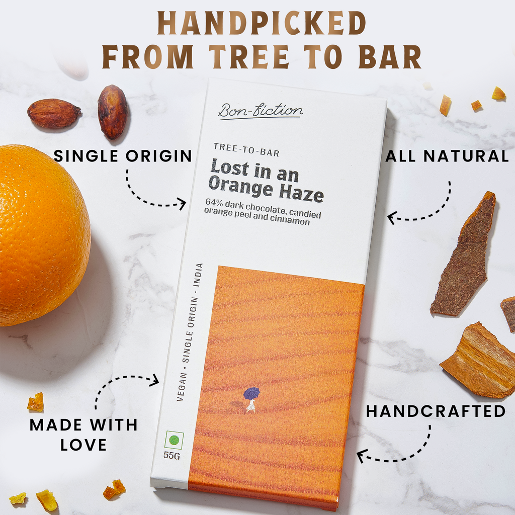 A "Lost in an Orange Haze" bar on a marble table with facts about the bar pointing to it