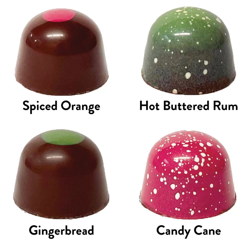 Four chocolate truffles with different flavors labeled on a white background