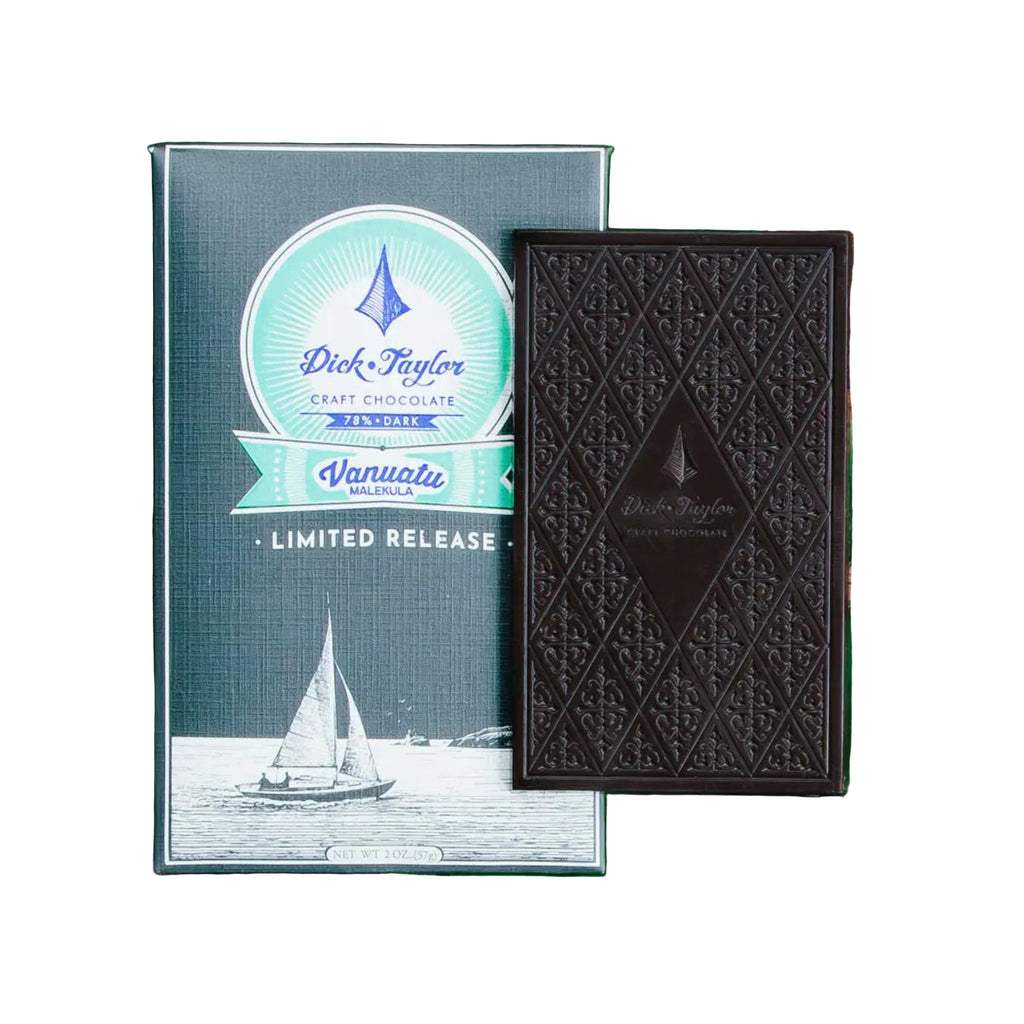 Dick Taylor Vanuatu dark chocolate bar packaging and unwrapped bar against a white background