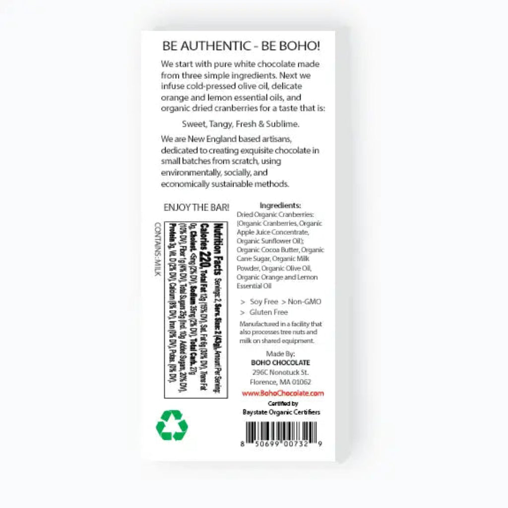 Back of a BOHO ehite orange olive oil and cranberry chocolate bar packaging with ingredients and nutrition information on a white background 