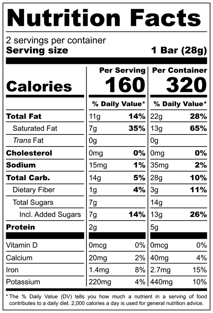 Nutrition facts for Vegan Hazelnut Cream Bar 2-Pack
