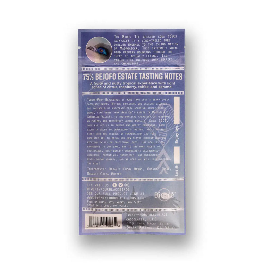 Back of a 75% Honduras Wampusirpi Bar packaging with text and nutrtion information on a white background