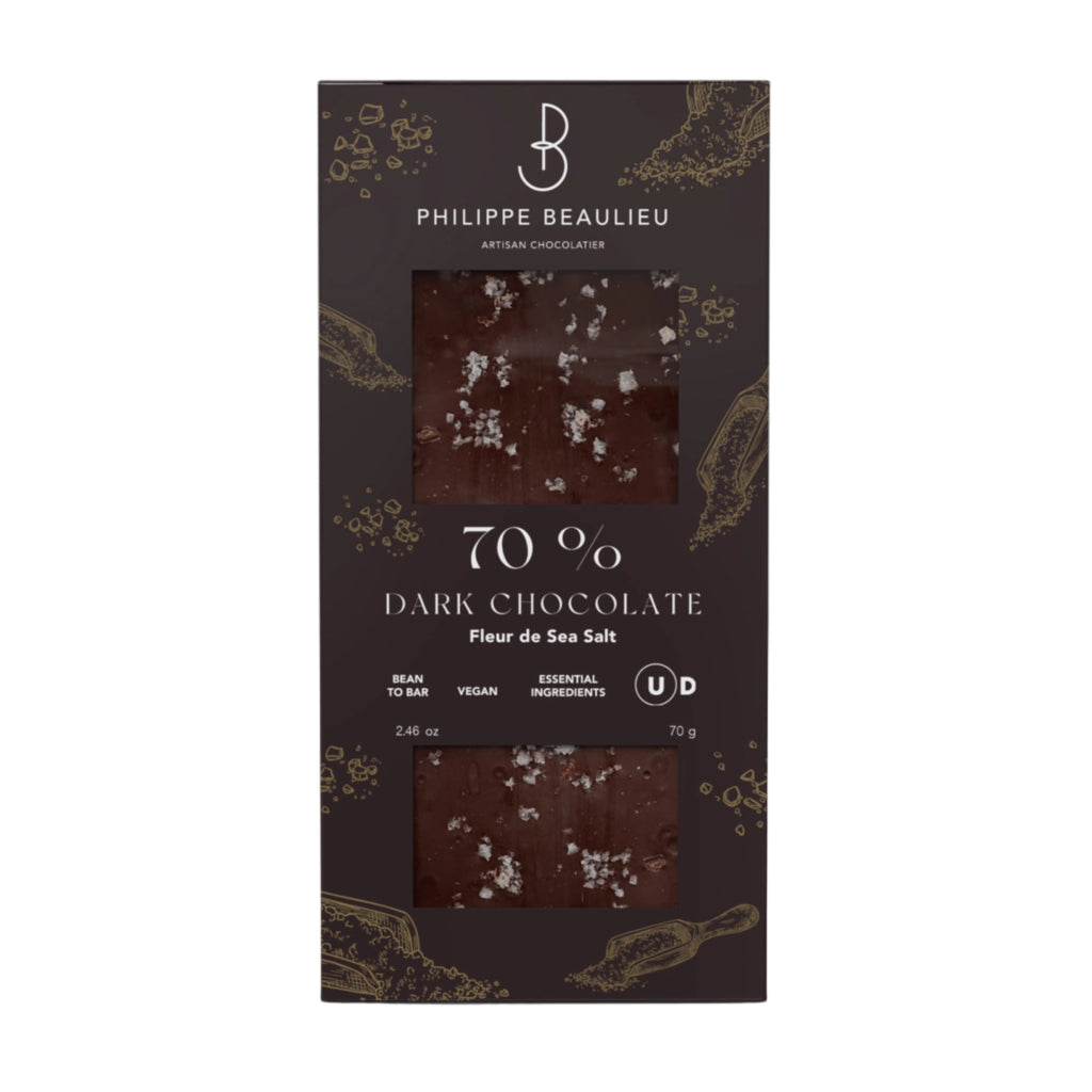 Phillipe Beaulieu 70% Dark Chocolate Bar Fleur De Sea Salt bar packaging on a white background