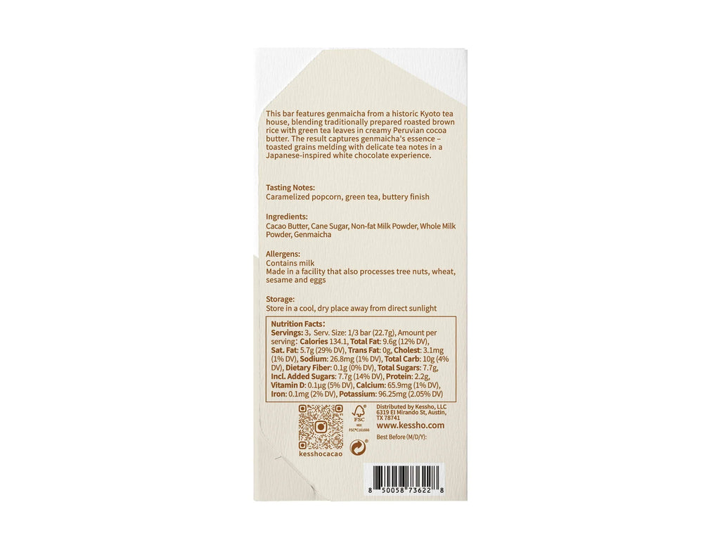Nutrition facts and ingredients for Genmaicha White Chocolate bar from KESSHŌ against a white background