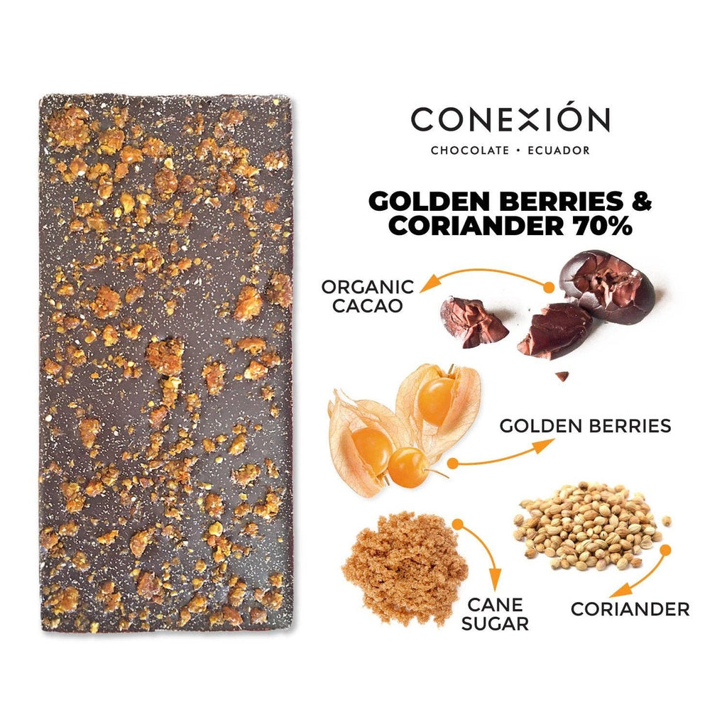 Unwrapped Coriander & Golden Berry 70% with various ingredients to the right of it, against a white background
