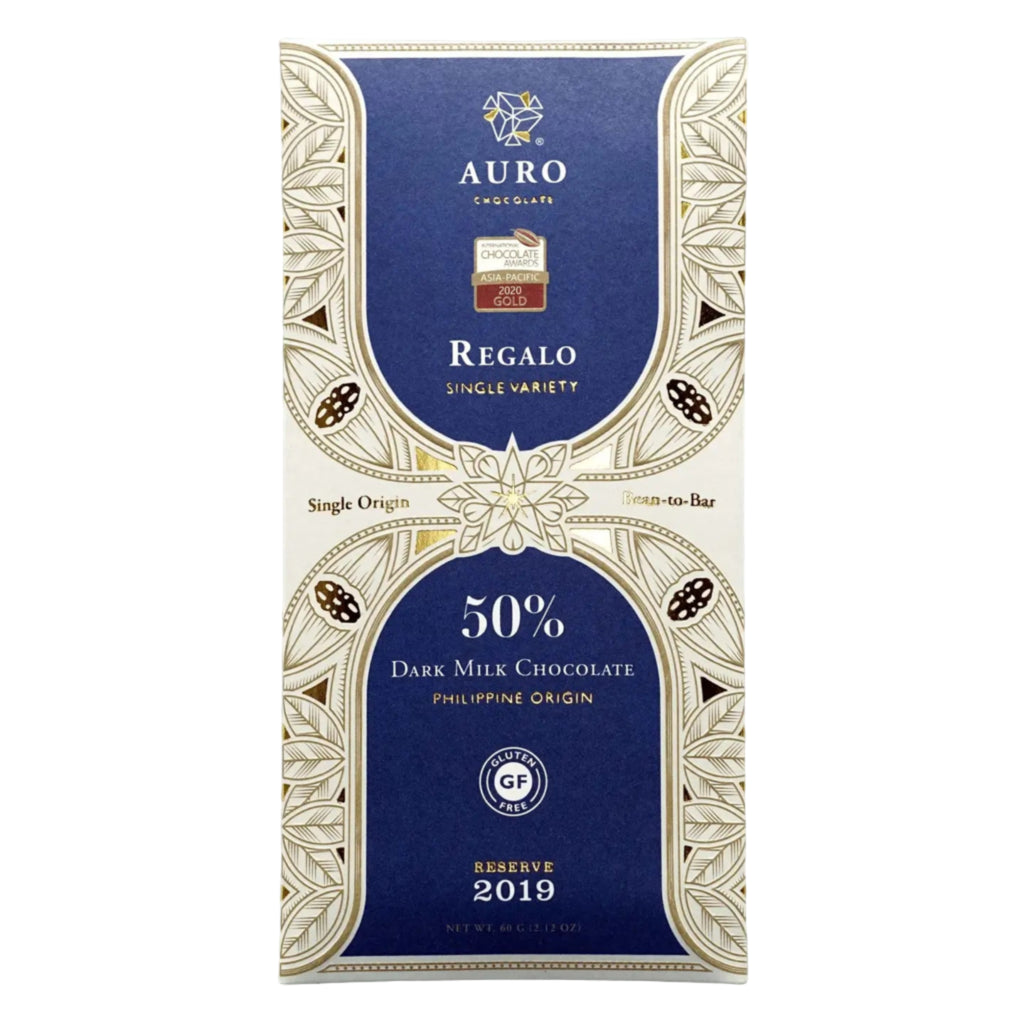 Auro Regalo dark milk chocolate bar packaging on a white background