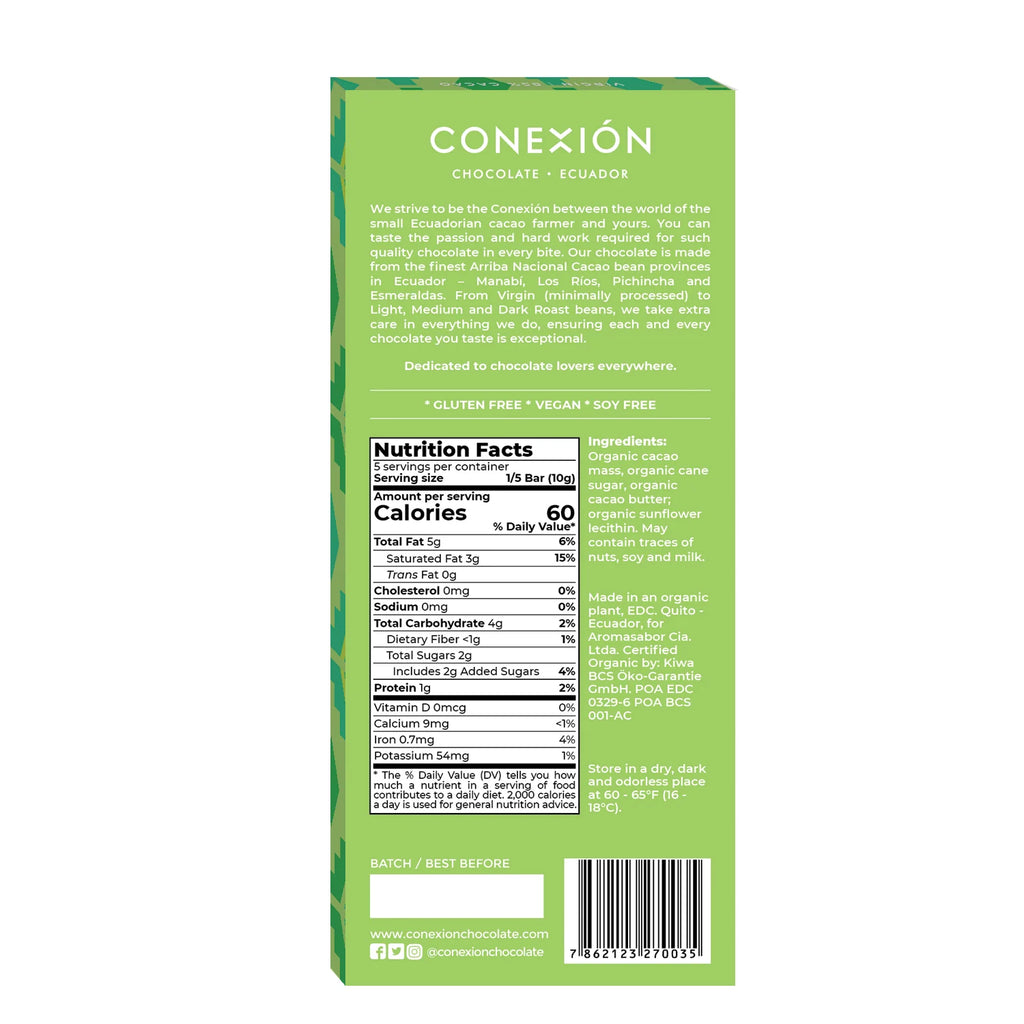 Nutrition facts and ingredients for Heirloom Raw 85% Dark bar against a white background