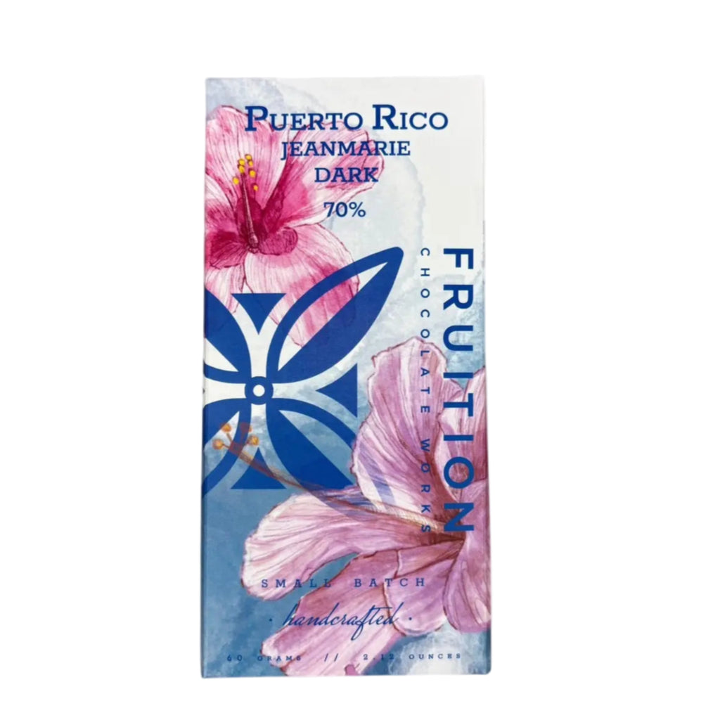 Fruition Puerto Rico JeanMarie 70% dark Chocolate bar packaging with pink flowers and blue design on a white background