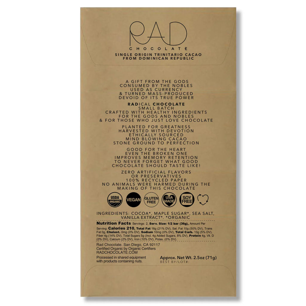 Nutrition facts and ingredients for Extra Dark 85% with Maple Sugar bar from Rad Chocolate against a white background