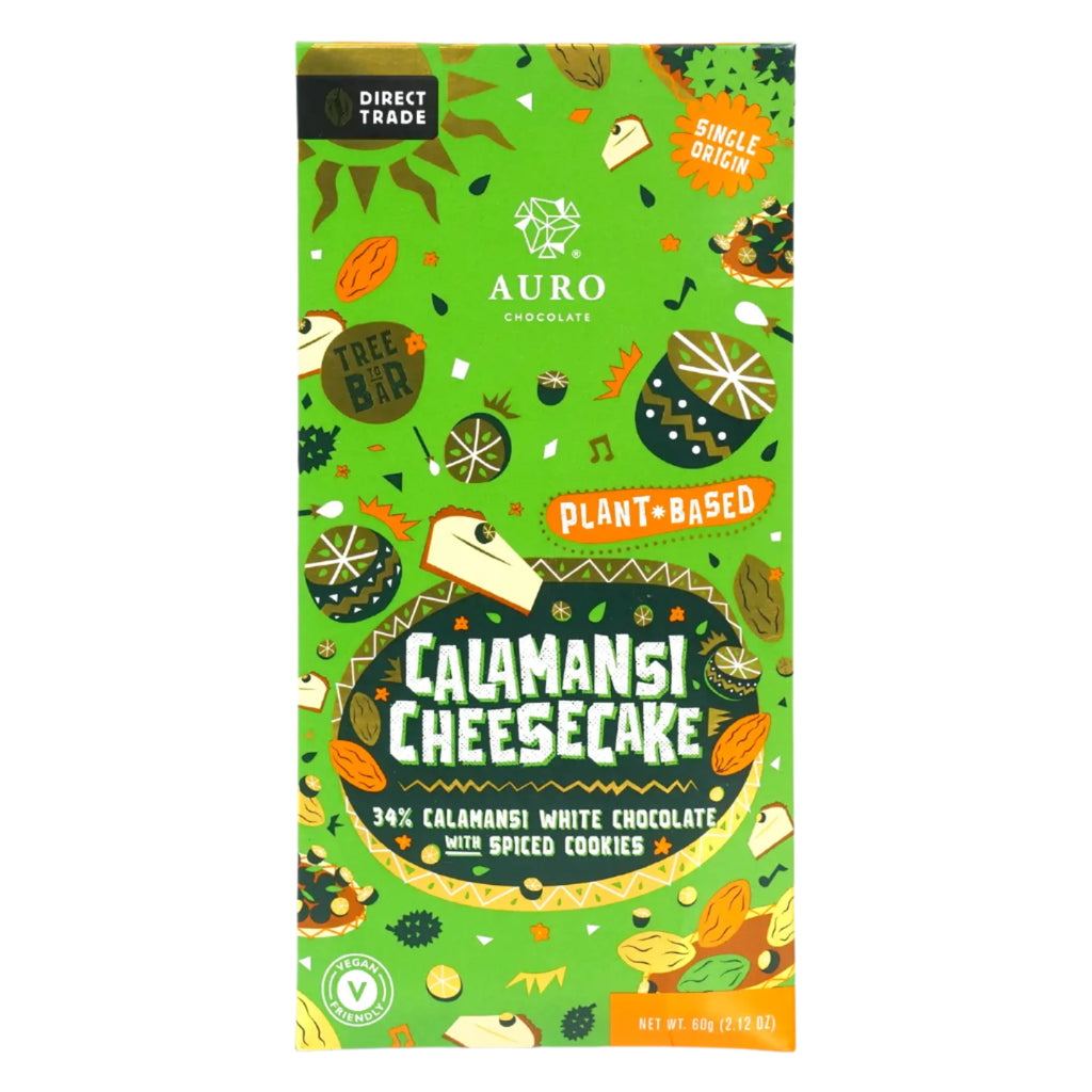 A picture of the front packaging of an Auro White Chocolate Calamansi Cheesecake Bar against a white background