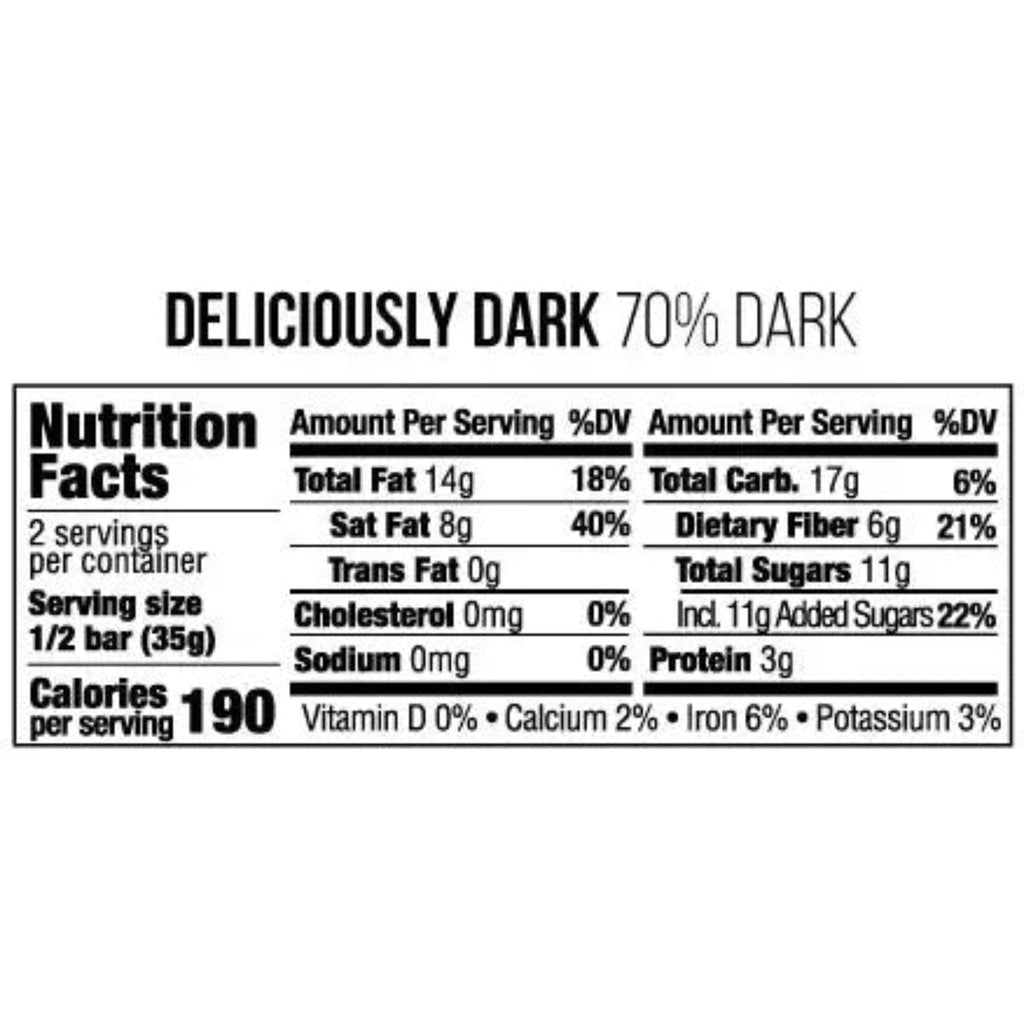 Nutrition facts label for a product labeled 'Deliciously Dark 70% Dark'.