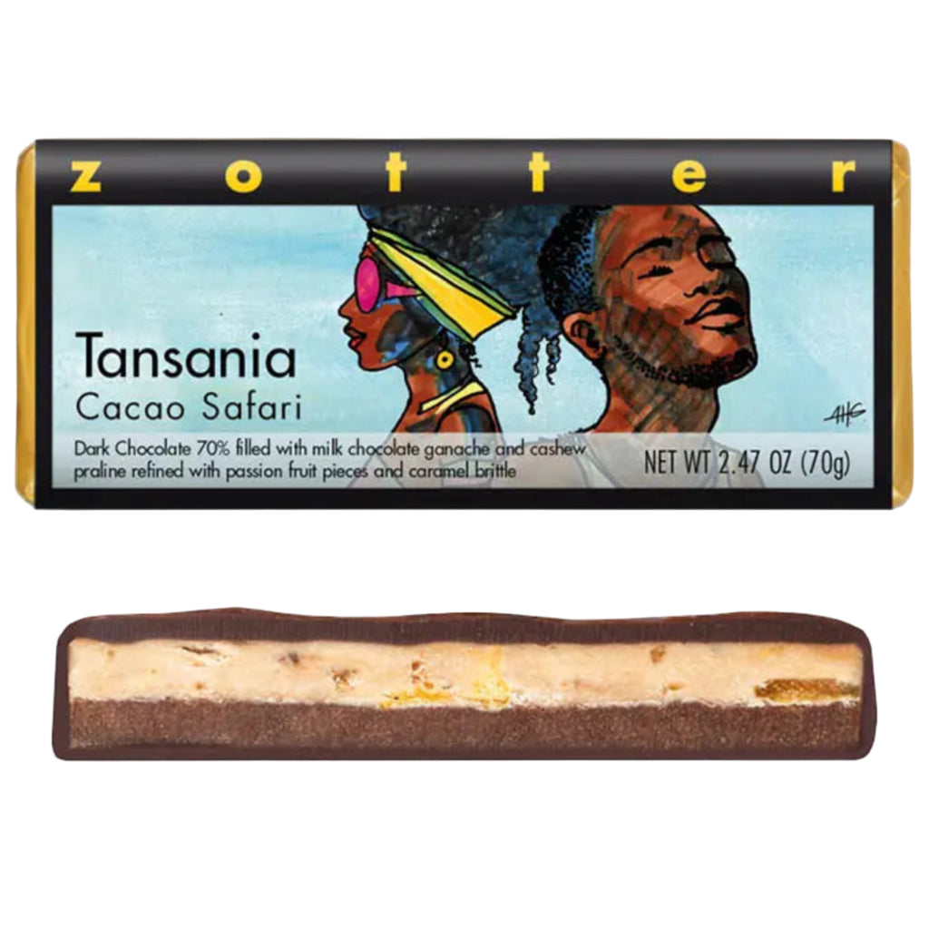 Zotter Tansania Cacao Safari chocolate bar with artistic packaging on a white background