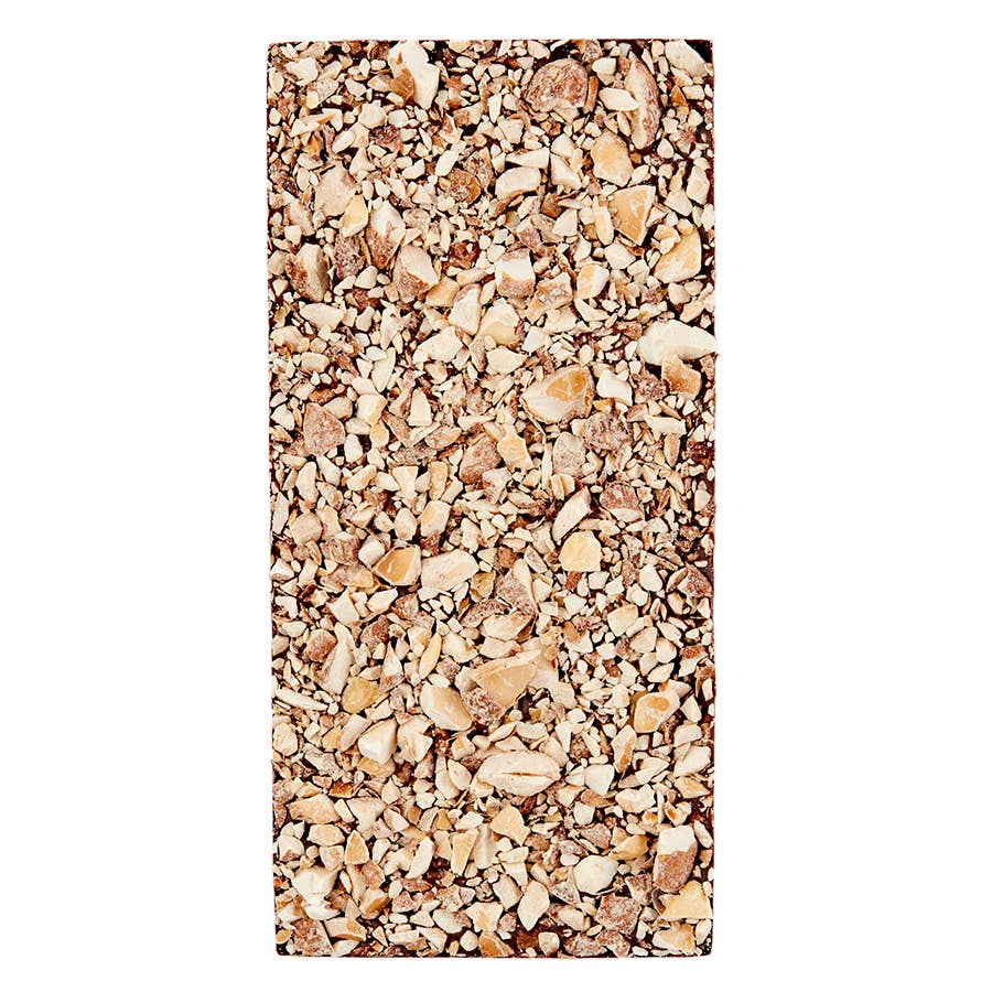 An unwrapped Go Nuts: 68% dark chocolate with roasted almonds & sea salt bar against a white background