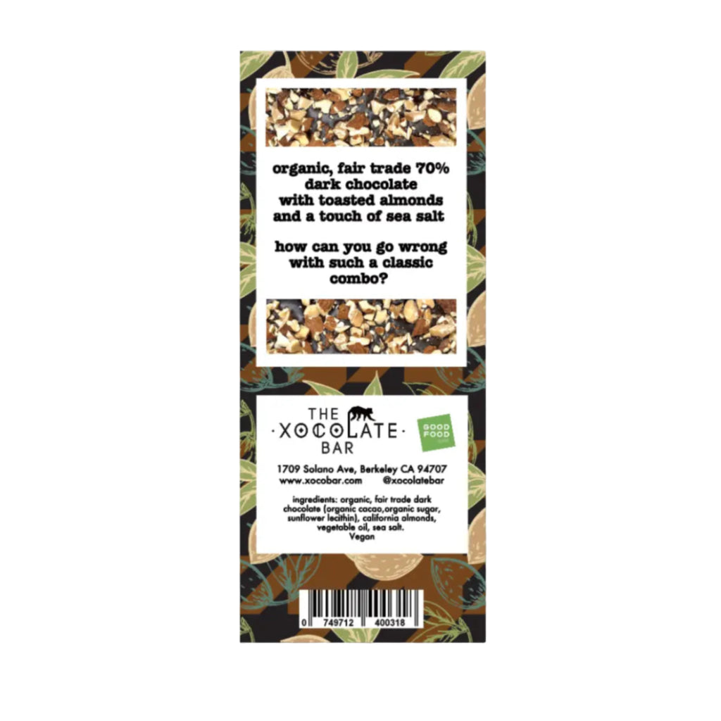 The back of The Xocolate Bar Toasted Almond chocolate bar packaging on a white background