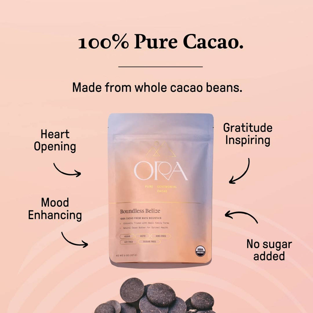 Nutrition facts about Boundless Belize 100% Organic Ceremonial Cacao against a tinted background