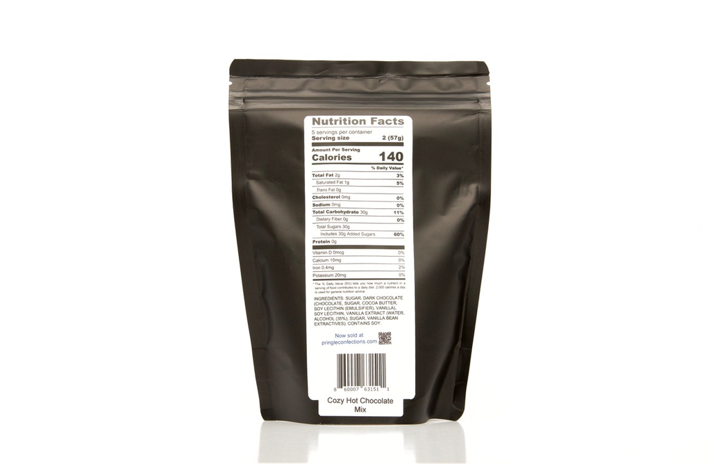 Nutrition facts and ingredients for Cozy Dark Hot Chocolate against a white background