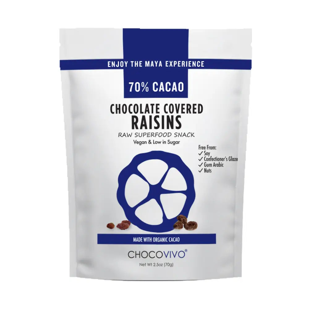 The front of a bag of Chocolate Covered Raisins 70% from ChocoVivo against a white background