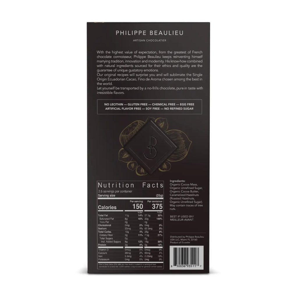 Phillipe Beaulieu 70% Dark Chocolate Caramelized Hazelnut bar packaging with info and nutritional information on a white background