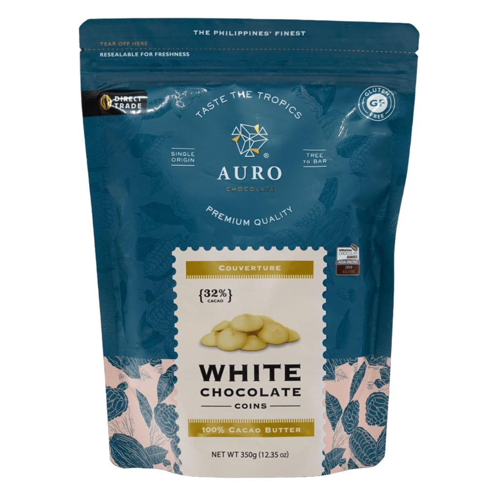 Auro white chocolate coins packaging on a white background