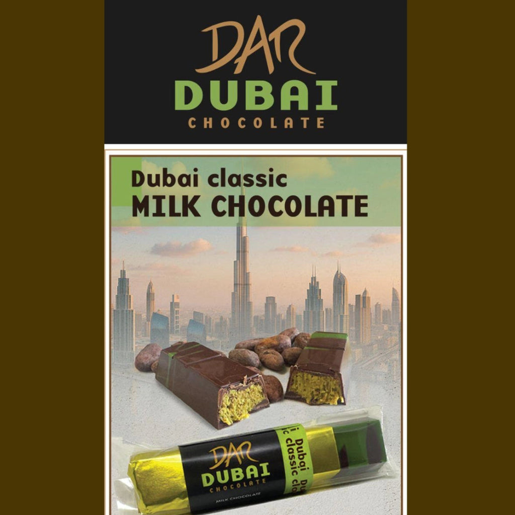 DAR Chocolate Dubai bar and packaging with cacao beans against a Dubai skyline.