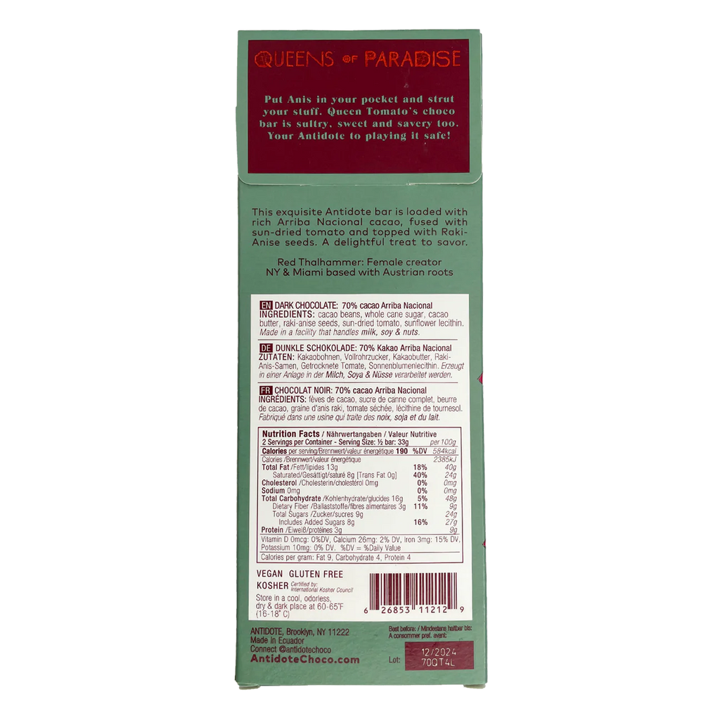 Nutrition facts and ingredients for Queen T: Anis + Tomato bar from Antidote Chocolate