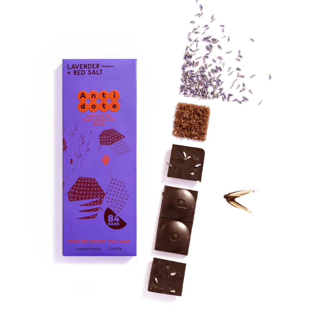 Panakeia: Lavender + Red Salt bar from Antidote chocolate against a white background