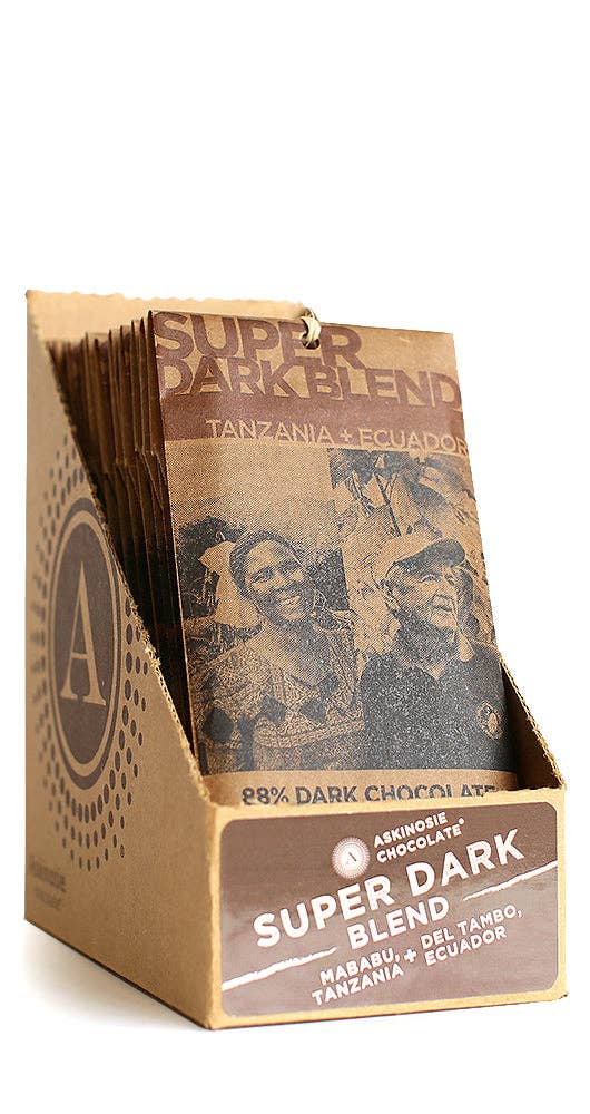 Askinosie Super Dark chocolate bars in a bar holder on a white background
