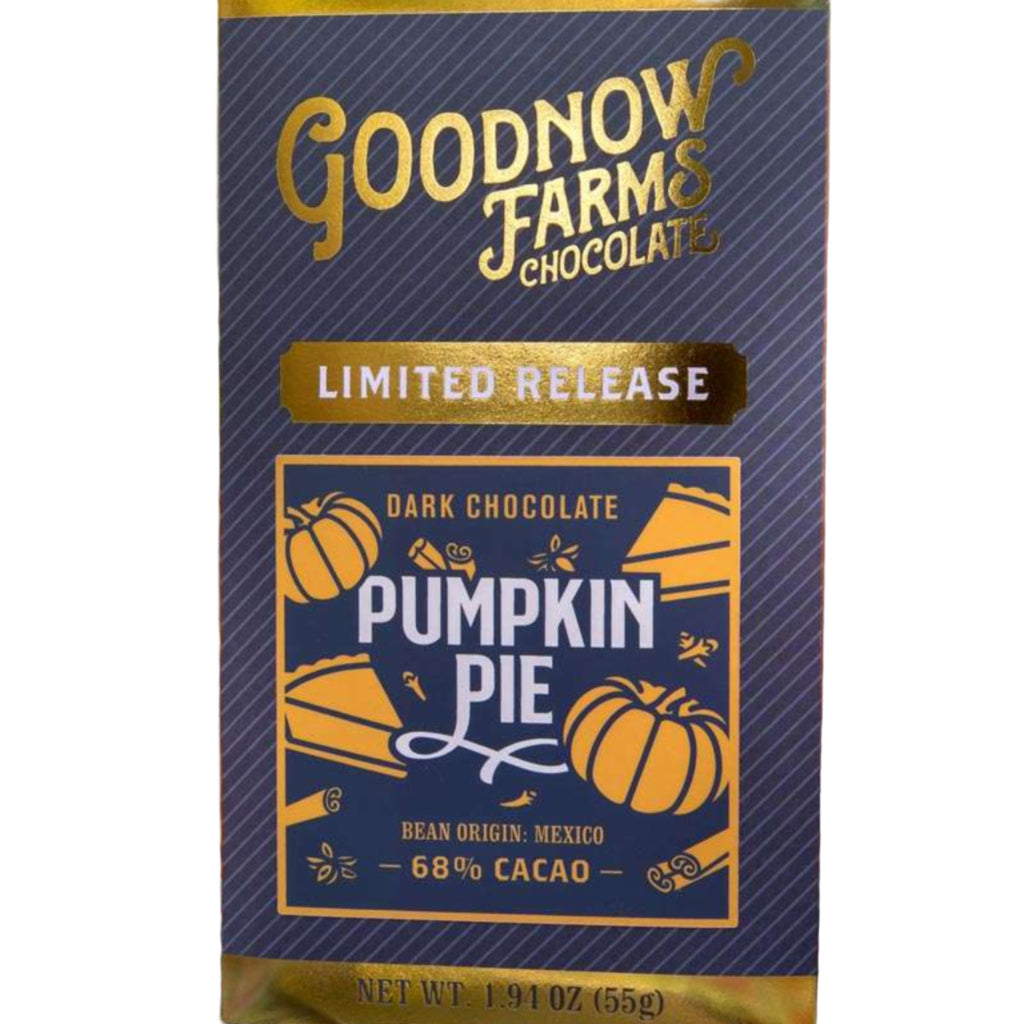 Goodnow Farms Pumpkin Pie chocolate bar packaging with a white background