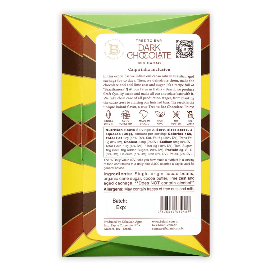 The back of a wrapped Baianí Caipirinha 65% Chocolate Bar from Baianí Chocolates.