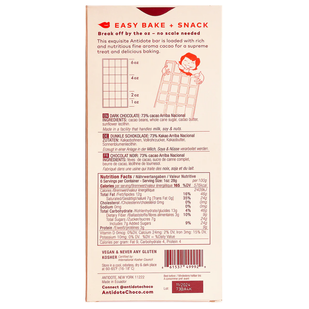 Nutrition facts and ingredients for Supreme: Bake + Snack 73% Dark Chocolate bar from Antidote Chocolate