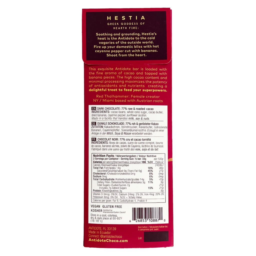 Nutrition facts and ingredients for Hestia: Banana + Cayenne bar from Antidote Chocolate