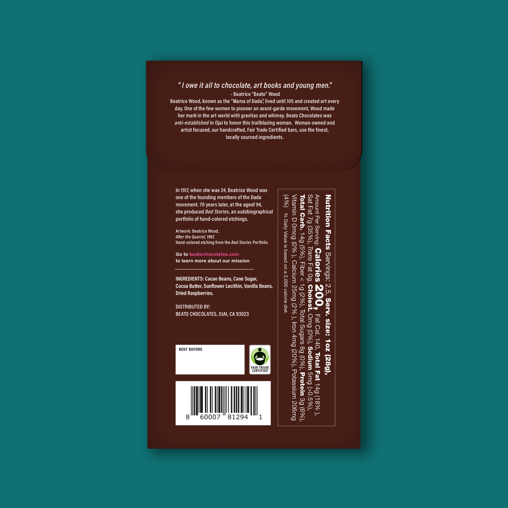 "Bed Stories" 72% Dark Chocolate with Raspberries Back Nutritional Information