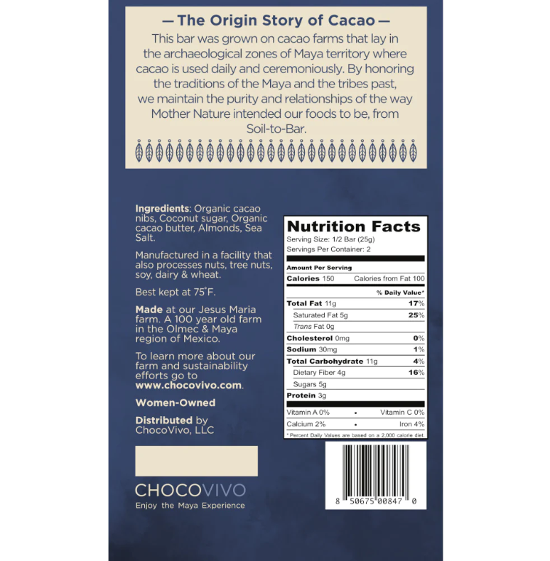 The back of a wrapped Almond & Sea Salt Bar 75% bar, with a white background.