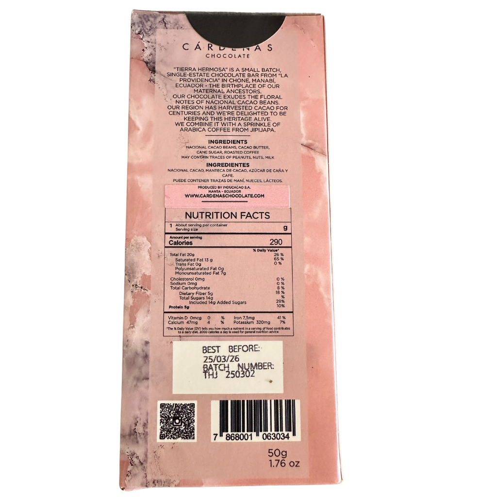 The back of a wrapped "Tierra Hermosa with Jipijapa Coffee 72%" chocolate bar, with a white background.