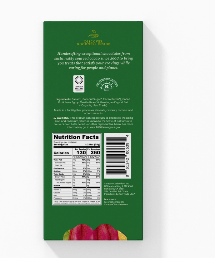 The back of a wrapped Cacao Fruit & Dark Chocolate Bar against a white background. 