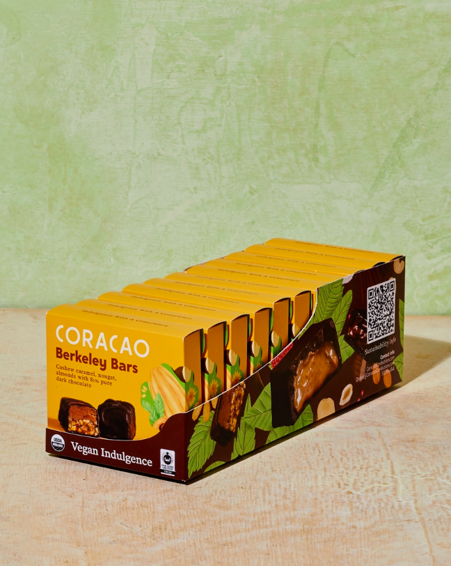 A case of Berkeley Bars against a green and beige background.