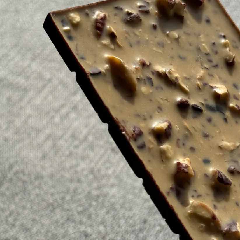 Zoomed in, unwrapped Chocoflan bar from Cuna de Piedra