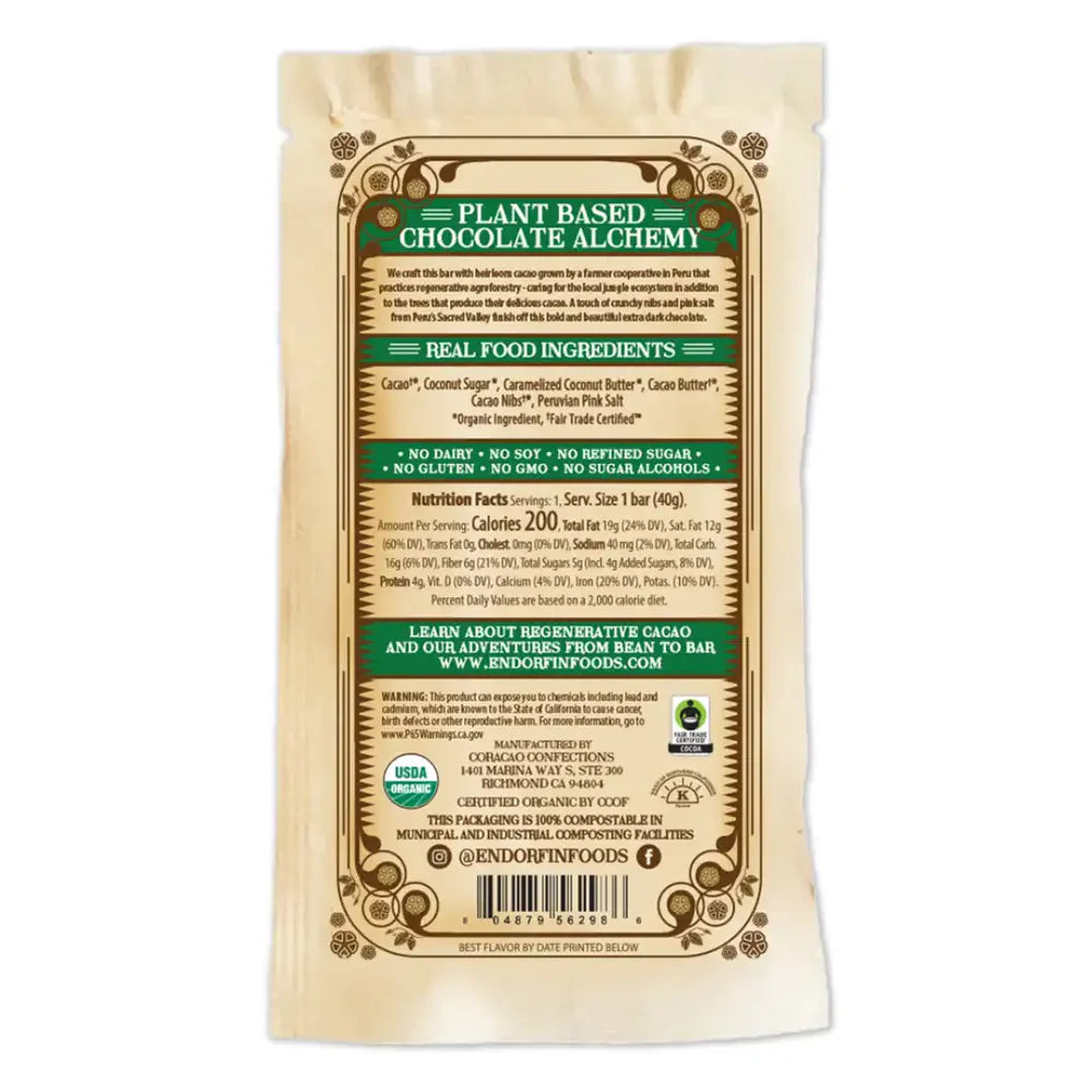 Coracao's Dark and Salty chocolate bar back of packaging with nutrition and allergy ingredients on a light background