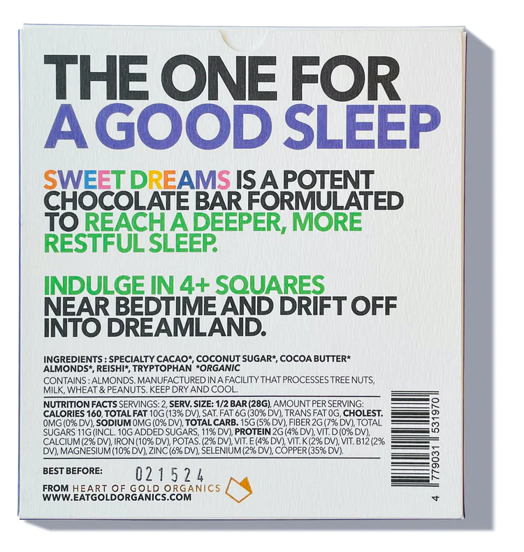 The back of a wrapped Sweet Dreams chocolate bar from Eat Gold Organics. 