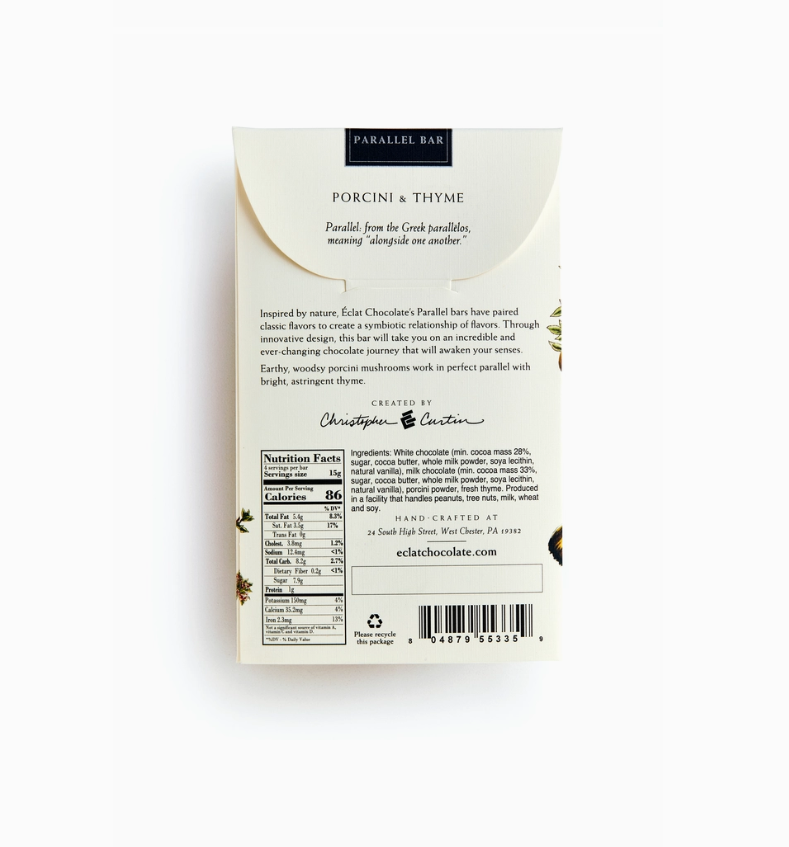 Nutrition facts and ingredients for Porcini & Thyme Parallel Chocolate Bar from Eclat Chocolate against a white background