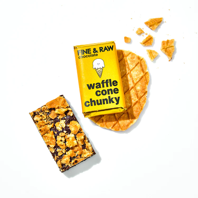 A wrapped Waffle Cone Chunky bar, an unwrapped Waffle Cone Chunky bar, and a waffle cone against a white background.