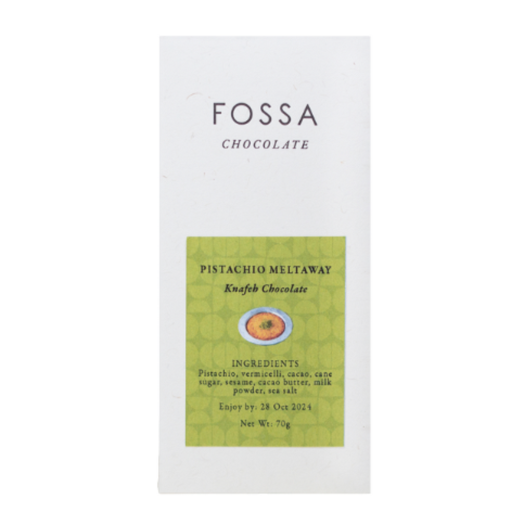 Fossa Chocolate Pistachio Meltaway Knafeh Chocolate packaging on a white background