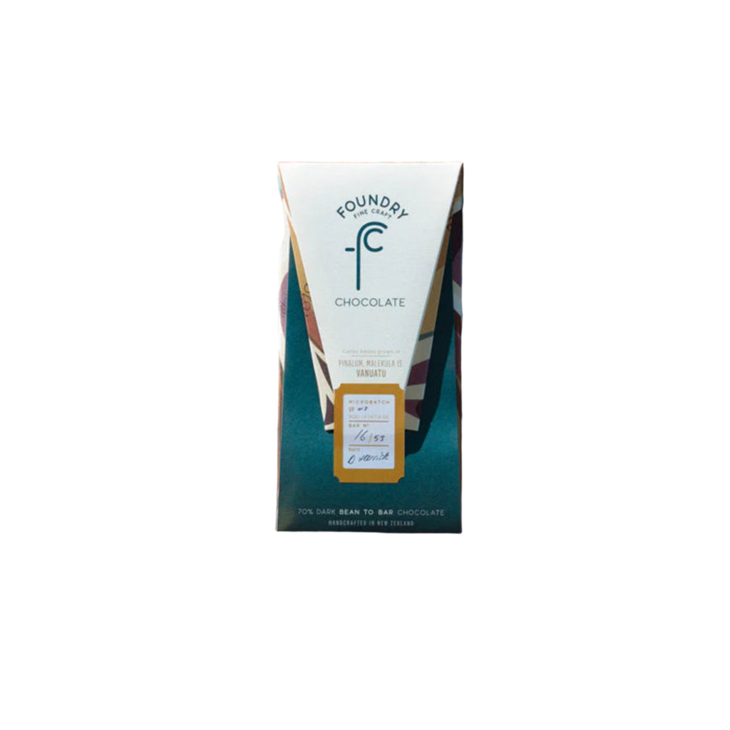 Foundry Vanuatu 70% Chocolate bar packaging with a white backgroud