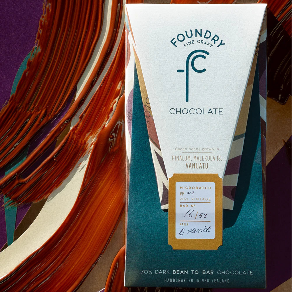 Foundry Vanuatu 70% Chocolate packaging with decorative background