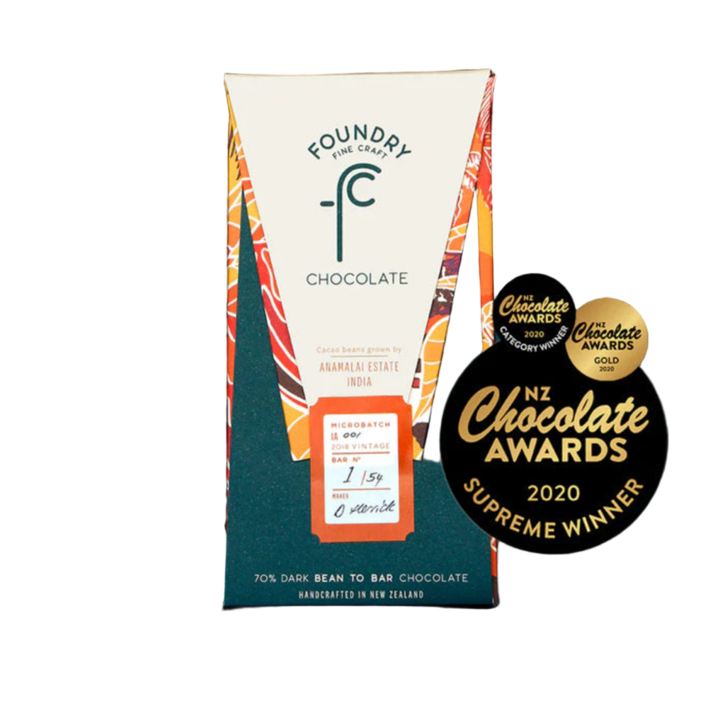 Foundry India 70% Fine Chocolates packaging with awards on a white background
