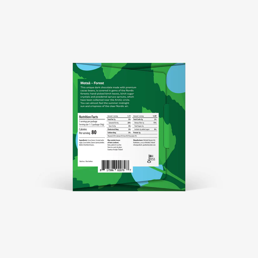 The back of a wrapped Goodio Nordic Flavours, Metsä (Forest) 70% bar at The Chocolate Dispensary